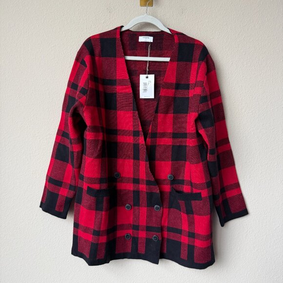 NEW UntuckIt Chloe Red Black Plaid Blazer Sweater Size L - Picture 2 of 7